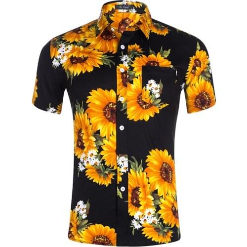 Mens Dress Shirts Sunflower Printed Regular Fit Short Sleeve Blouse Top Camisas Streetware Chemise Hot Selling Personality