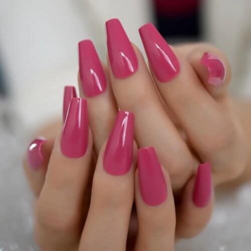 Glossy 24pcs Dark Rose Pink Coffin False Nail Tips Acrylic Salon Full Cover Artificial Press On UV Fake Nails With Glue Sticker