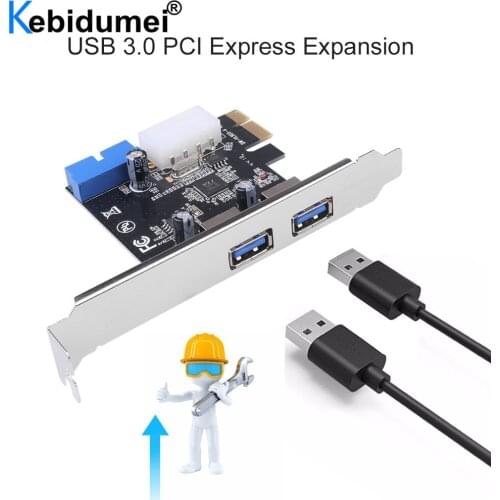 Kebidumei USB 3.0 PCI-E Expansion Card Adapter External 2 Port USB3.0 Hub Internal 19pin Header Card 4Pin IDE Power Connector
