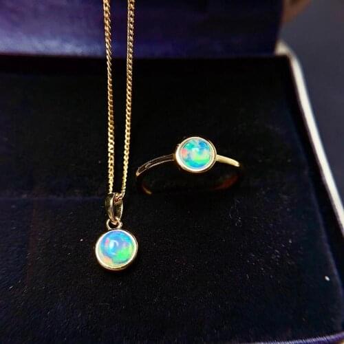 Natural Opal ring and necklace jewelry set for women real 925 silver round natural gem certified party gift fireworks