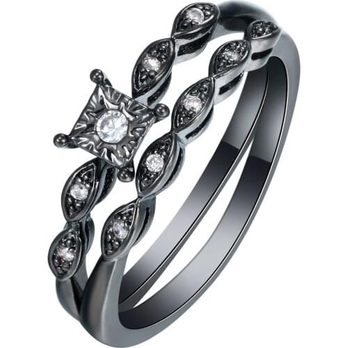 UFOORO Charm Black Gun Promise 2Pc Ring Sets Cute Lovely Fashion Jewelry Gift Princess White Zircon WOMEN Engagement Rings sets