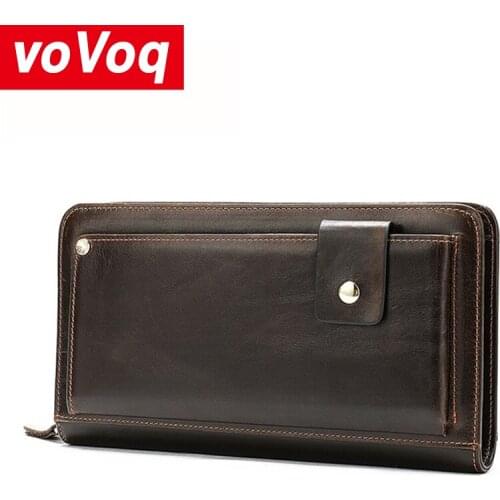 Vintage Mens Genuine Leather RFID Blocking Wallet Zipper Coin Pocket Long Purse Passport Cover for Men Card Holder Purse Luxury