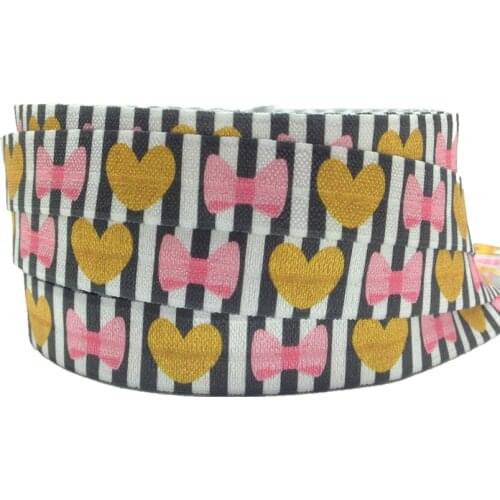 Love Heart Bowknot Print Fold Over Elastic 5/8" Valentine FOE Ribbon 10Yard For Hair Tie Hair Accessories wholesale