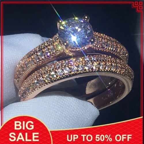 Fashion Lady Genuine Silver color ring Rose Gold color AAAAA Cz Stone Engagement wedding band ring for women Bridal sets