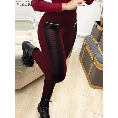 Fashion Party Club PU Leather Contrast Zipper Design High Waist Skinny Pants