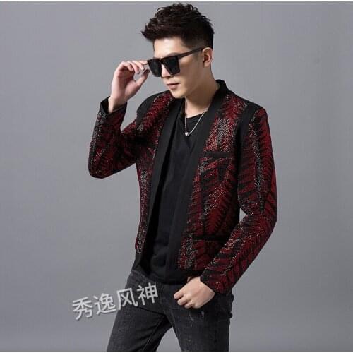 Pattern Hot Drilling Mens Wear Trend Light Drill Mans Nightclub Self-cultivation Suit Loose Coat Jacket Fashion Heavy
