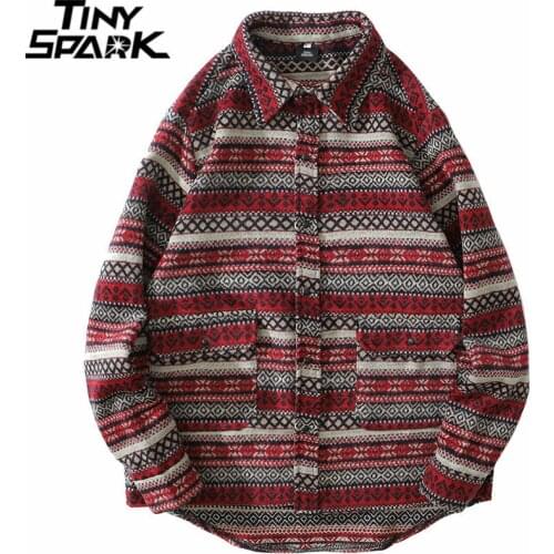 Hip Hop 2020 Men Streetwear Flannel Shirt Jacket Retro Vintage Harajuku Shirt Cotton Fleece Long Sleeve Casual Shirt Thick Red