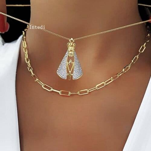 Fashion Full Micro White Cubic Zirconia Stone Necklaces For Women Gold Color& blue Cross Pendant Necklace Wholesale Jewelry 2020