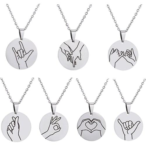 Stainless Steel Hand in Hand Gesture Pendants Necklaces Engraved Sign Language I Love You Necklace for Women Friendship Gift