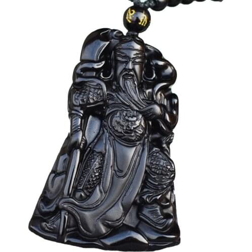 Drop Shipping Mens Necklace Pendant Natural Obsidian Guan Gong Pendant Male Necklace With Big Knife Guan Yu Jade Jewelry