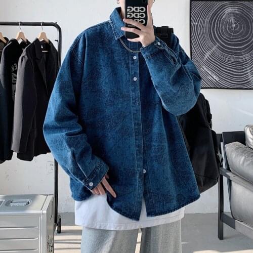 2020 Mens Fashion Clothing Coats Flower Printed Denim Long Sleeve Shirt Camisa Social Masculina Streetwear Blue Shirt M-XL