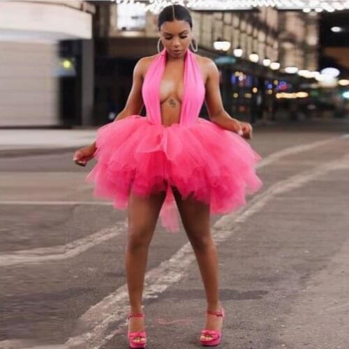 Sexy Backless Fuchsia Short Tulle Women Dresses Halter Hot Pink Puffy Tulle Christmas Dress Vestido De Mujer
