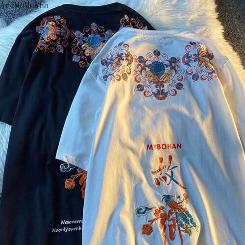 Heavy Industry Embroidery T-shirt Short-sleeved Mens Summer New Yokosuka Embroidery Couple Half-sleeved Cotton Loose Shirts