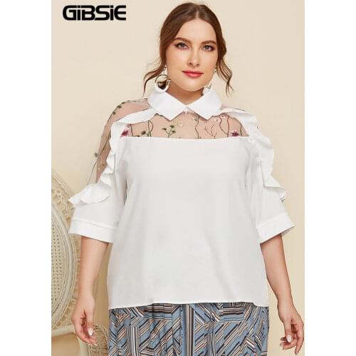 GIBSIE Plus Size White Embroidery Mesh Top Blouse Women Summer Ruffle Trim Half Sleeve Sweet Elegant Office Ladies Blouses 2021