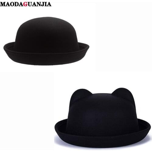 2020 Newest Fashion Parent-child bowler hat wool felt Fedora hats for Women Girls Children solid Cat Ear formal cap trilby