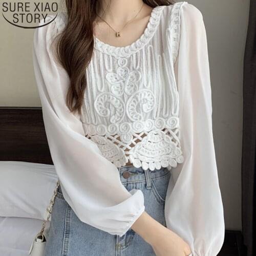 2021 Spring and Summer Korean Fashion Blouse Loose Hollow Out Sexy Shirt Short Jacket Sweet Chiffon Lace Shirt for Girl 14673