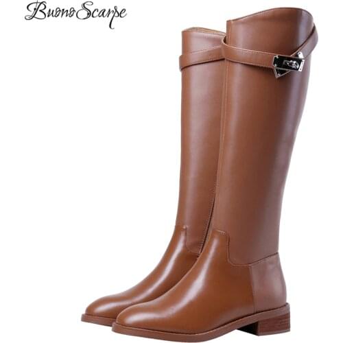 Buono Scarpe Brand Women Genuine Leather Boots Metal Lock Leather Strap Long Botas Mujer Round Toe Female Riding Boots New 2019
