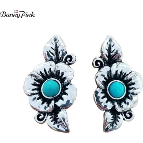 Banny Pink Bohemia Turquoises Earrings For Women Vintage Alloy Rose Flower Post Earrings Ethnic Leaf stone Stud Earrings Brincos