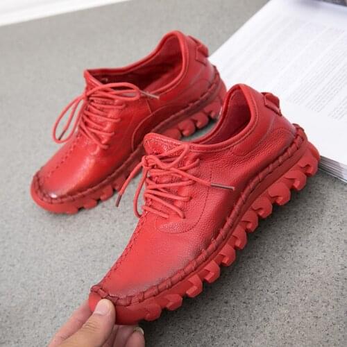 2019 New Handmade Genuine Leather Women Shoe Sneakers Casual Shoes For Women Flat Shoes Ladies Lacing Loafers Zapatos Mujer