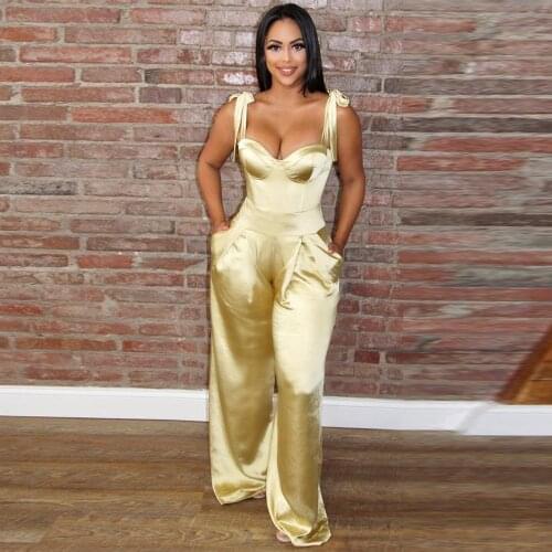 Satin Cleavage Fashion Rompers Womens Jumpsuit Bow Tie Spaghetti Strap Sleeveless Wide Leg Outfit Elegant Wrap Chest Bodysuits