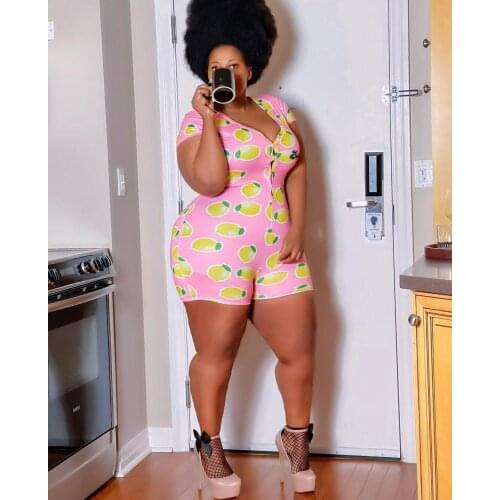 Cutubly Plus Size XL-5XL Jumpsuit For Women New Style Lemon Printing Playsuit Mid Waist Tight Fashion Summer 2021 Rompers