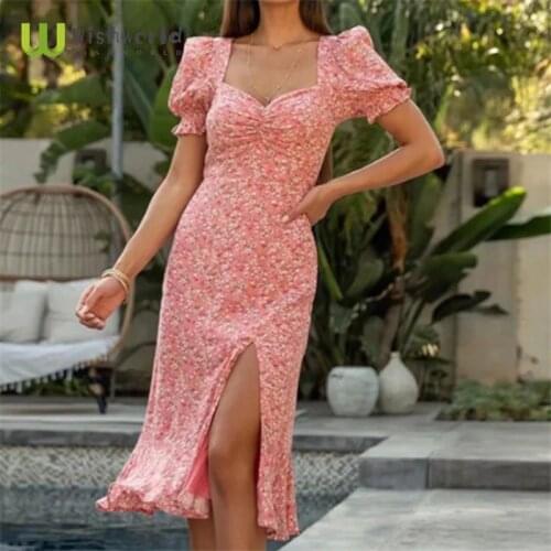 Summer 2021 New Style Square Neck Bubble Sleeve Open Back Split Slim Fit Jumpsuit Fashion Women Fashion Pleat Summer Sundress