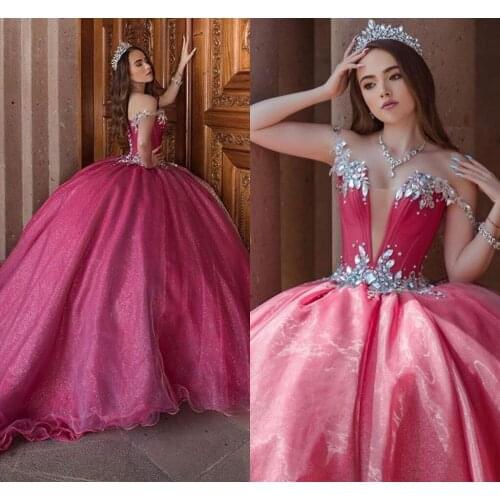 Vestido De 15 Anos 2021 Rose Red Sparkly Sweet 16 Quinceanera Dresses For Girls Diamond Sweetheart Lace-up Pageant Prom Gowns