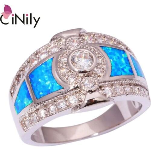 CiNily Created Blue Fire Opal White Zircon Cubic Zirconia Silver Plated Wholesale for Women Jewelry Ring Size 7 8 9 10 OJ8526