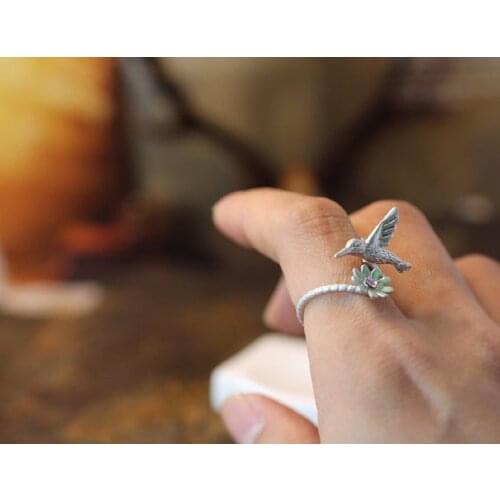 Hummingbird Flower Ring Womens Girls Animal Topaz Jewelry Adjustable Kolibre Ring Hummer gift idea