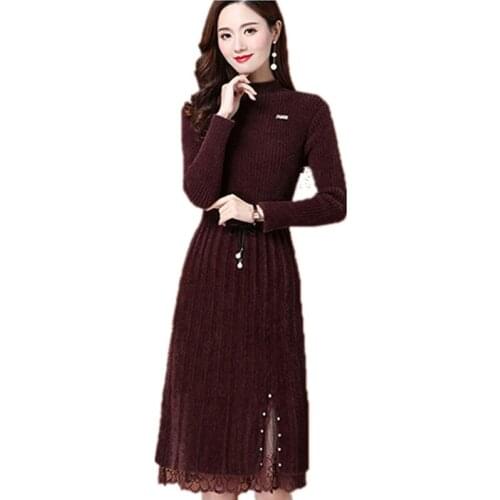Lady Slim Imitation Mink Fleece Dress Women Autumn Winter New Plus Velvet Thick Knitted Bottoming Sweater Dresses Female OK914