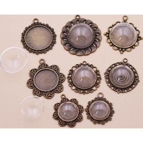 10pcs Bronze Antique Copper Alloy Cabochon Tray With Half Ball Glass Dome For Photo Frame Cameo Setting Pendant Making DIY