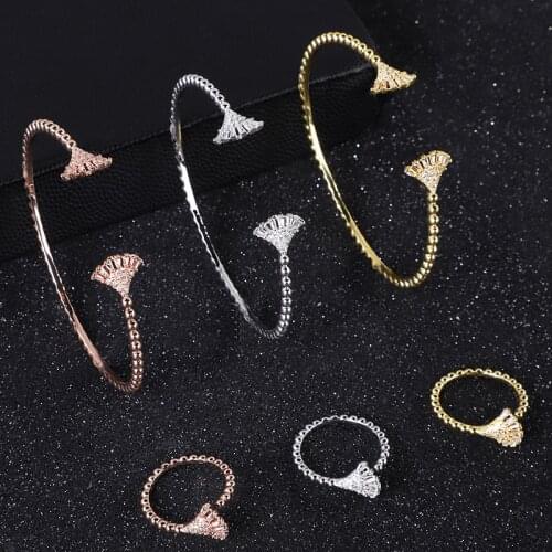 3Sets/Package Luxury Fan shape Saudi Arabia Bangle Ring Set For Women Micro Cubic Zircon Pave Party Wedding Dubai Jewelry