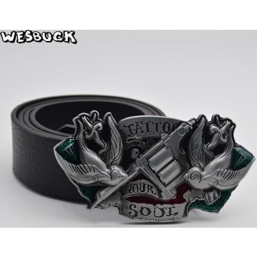 5 PCS MOQ WesBuck Brand Western Cowboys Tattoo Your Soul Belt Buckle with PU Belt Removable Jeans accessories Festival Gifts
