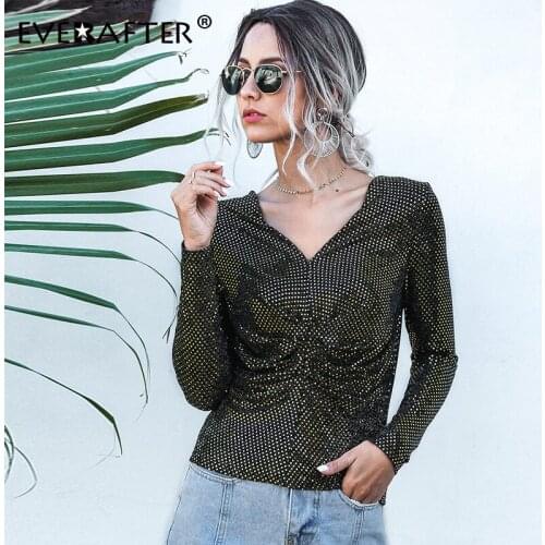 EVERAFTER Vintage sequin ruffles women blouse shirt v-neck long sleeve elegant solid slim tops streetwear casual female blouses
