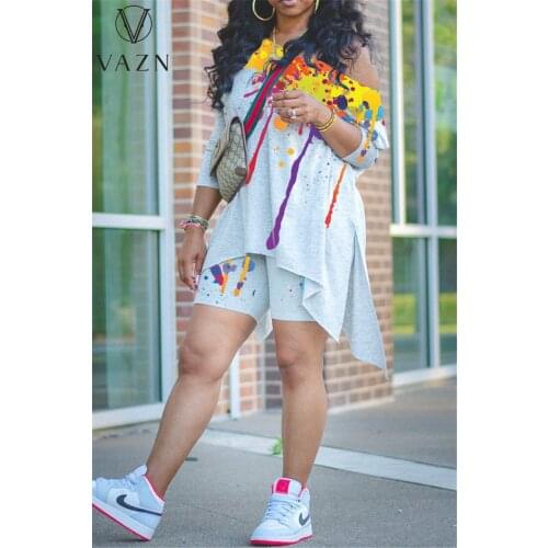 VAZN 2021 European and American Spring and Summer Positioning Splash-Ink Printing Diagonal Shoulder Two-Piece Set