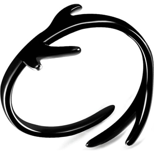 GEOMEE 1Pcs Adjustable Black Color Ring Deer Totem Shape Ring for Women Men Branches Leaf Antler Animal Horn Boho Jewelry Bague