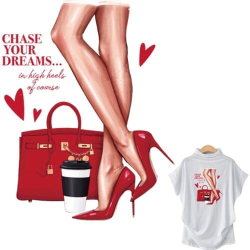 Red Shoes Heat Transfer Woman Bags Pattern Thermal Press Vinyl Hoodies Tops A-Level Washable Diy Appliques On Clothes