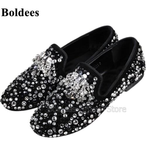 Fashion Black Gold Blue Flat Shoes Ladies Crystal Decor Round Toe Slip-On Loafers Woman Casual Shoes
