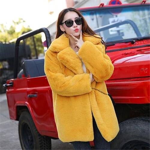 Fashion Winter Thick Warm 5 Color Mid Long Suit Collar Rabbit Fur Coat Women Outerwear Plus size Loose Rabbit Fur Jacket Female