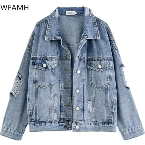 New denim jacket women spring and autumn fashion hole short coat coat women loose solid color long sleeve denim