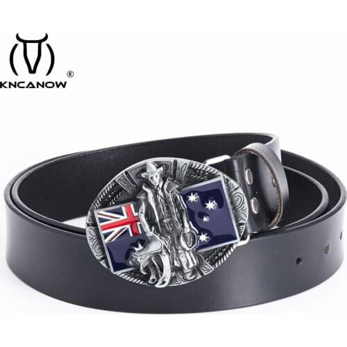 Genuine Leather Male Belts High Quality Luxury AUS Strap Classic Vintage Australia Flag Buckle Western Cowboy Jeans Belt For Men