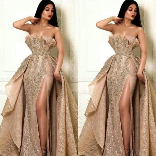 Champagne Mermaid Prom Dresses With Detachable Skirt Strapless Ruffles Luxury Evening Gowns Formal Party Gowns Vestido de fiesta