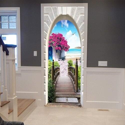 Seaside Home Decoration Door Decals Arched Sunny Beach Bedroom Bathroom Decoration Waterproof Door Decals Two Pieces Set