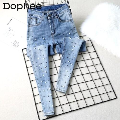 Korean Chic Washed Light Blue Mom Jeans Womens Trousers 2021 Spring Autumn New Fashion Heavy Pearl Slimming Skinny Denim Pants