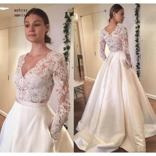 Long Sleeves V Neck Wedding Dress 2020 Noble Lace Pocket Country Garden Bride Bridal Gown Custom Made Plus Size Robe De Mariee