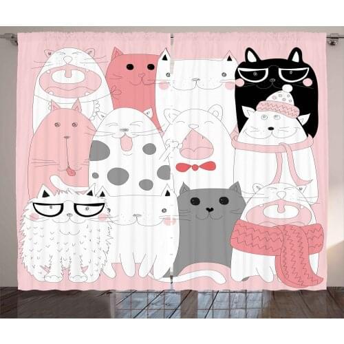 Pastel Cat Curtains Modern Design Sketch Kitties Satin Fabric Drapes for Living Room Bedroom 2 Panel Window Set
