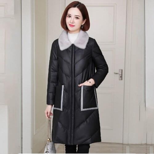 Women 2021 Winter Fashion Long PU Leather Jackets Female Faux Mink Fur Collar Parkas Ladies Slim Cotton-padded Overcoats U335