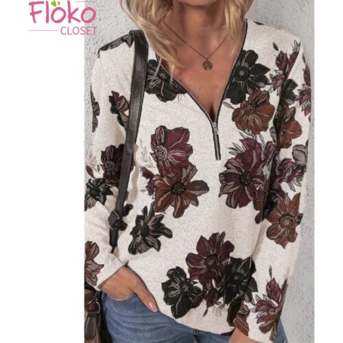Flokocloset Autumn Zipper Print Long Sleeve Loose T-shirt Women Causal Women Tops Pullover Aesthetic Clothes