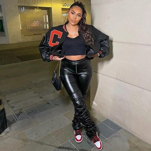 Womens Varsity Jacket Casual Loose Baseball Uniform,Leather Long Sleeve Letter Print Button Down Autumn Fashion Baseball Jacket