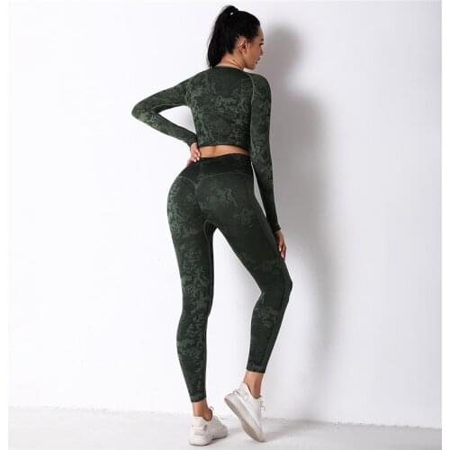 2 Pcs Women Sexy Yoga Suits Camouflage Fitness Sets Hips Push Up Leggings Bubble Butt Pants+Long Sleeve Top Seamless Yoga Sets